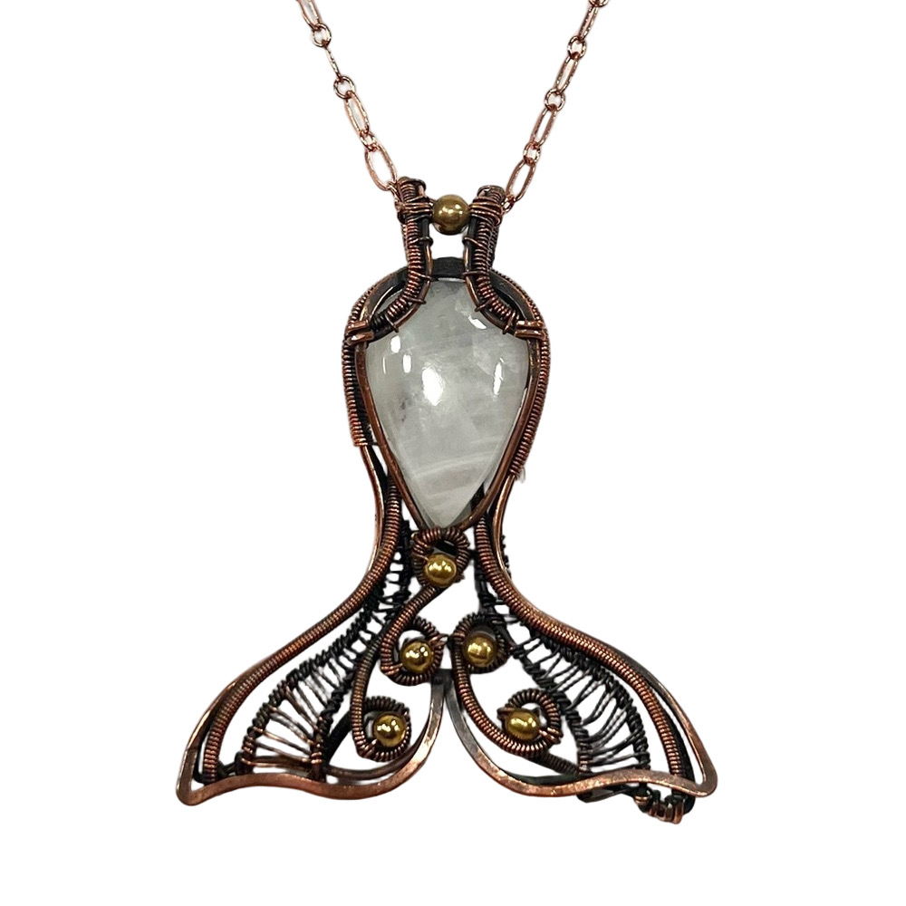 Copper Rainbow Moonstone Vintage Style Gemstone Dolphin Whale Fin Necklace